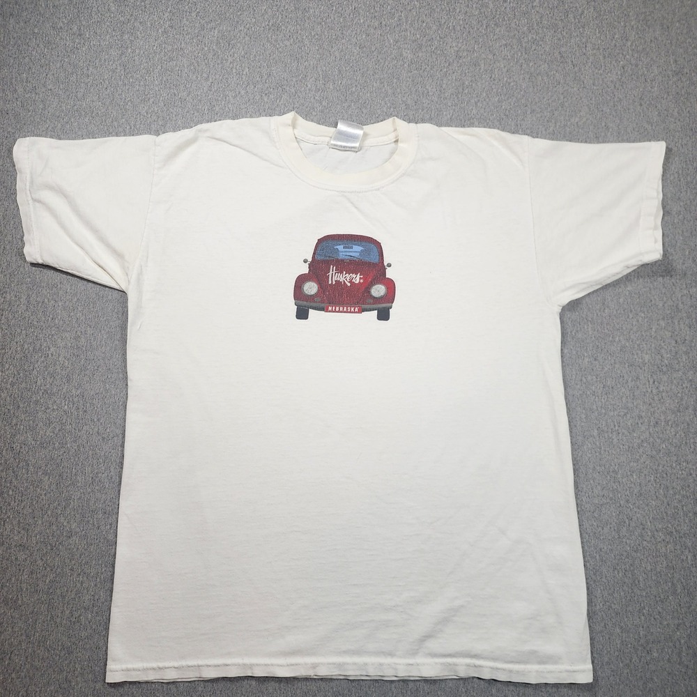 Gildan T-Shirt Mens Large White Fair Nebraska Huskers VW Beetle Graphic Tee
